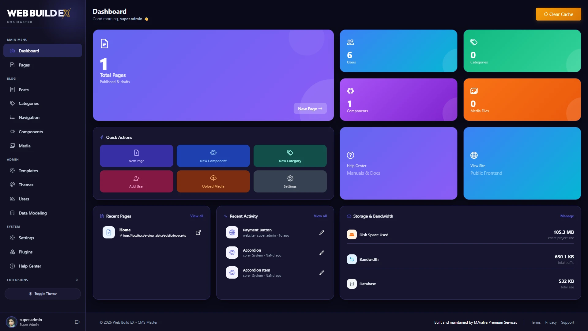 The Web Build EX CMS Master dashboard after logging in